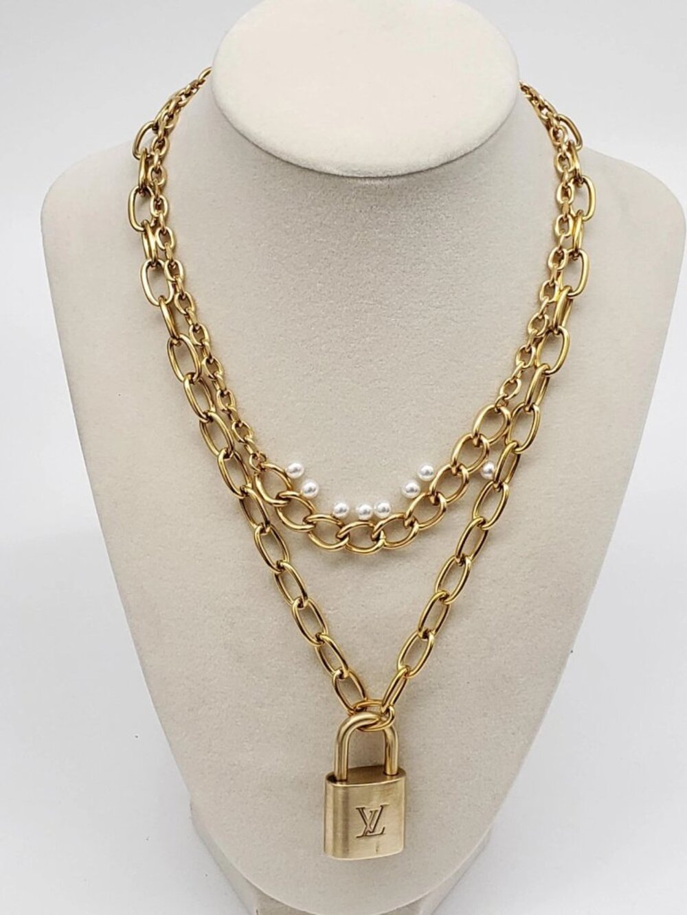 Authentic Louis Vuitton Gold Padlock w/ Unbranded Fashion Stainless Steel Chain
